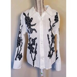 JENDO Women Floral Applique Button down Shirt White w/ Black Flowers Cotton Sz L
